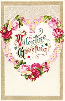 Images Dated 5th July 2018: Pink and red roses in a heart shape on a Valentine postcard