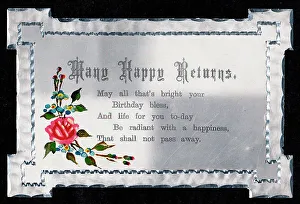 Images Dated 14th June 2018: Pink rose on a birthday greetings card made of metal