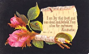 Ladybird Prints: Pink rosebuds on a religious greetings card