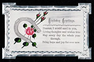 Images Dated 14th June 2018: Pink roses on a birthday greetings card made of metal