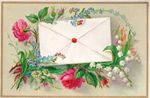 Buds Prints: Pink roses with envelope on a greetings card