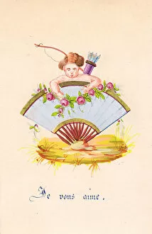 Aime Collection: Pink roses, fan and Cupid on a hand-coloured card