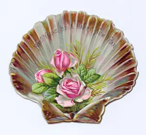 Pink roses on a shell-shaped New Year card