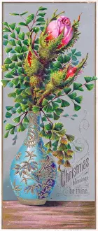 Buds Prints: Pink roses in a vase on a Christmas card