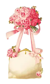 Cutouts Prints: Pink roses and a white handbag on a cutout card