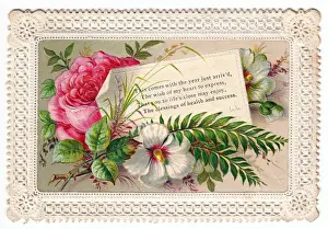 Fretwork Prints: Pink and white flowers on a New Year card