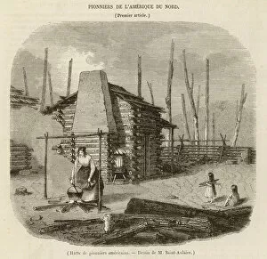 Settler Collection: Pioneer settlers outside their log cabin