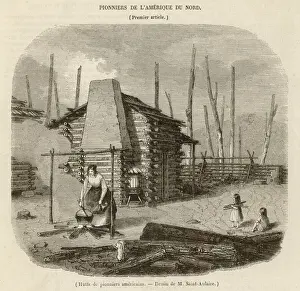 Cabin Prints: Pioneer settlers outside their log cabin