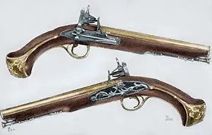 Firearm Prints: Pistols. 18th century. Colored engraving