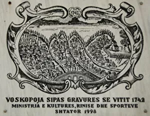 Images Dated 8th August 2007: Placard depicting the city of Moscopole at 1742. Albania