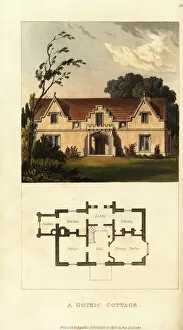 Images Dated 11th June 2019: Plan and elevation of a Regency Era, Gothic style cottage