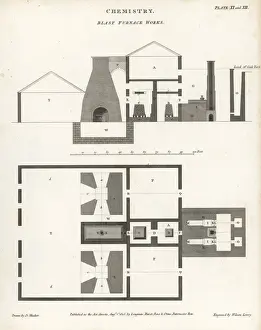 Blast Prints: Plan, elevation and section of a blast furnace