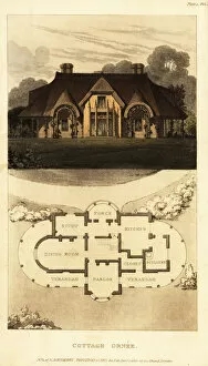 Plan and elevation for a thatched cottage