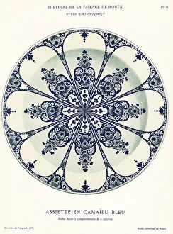 Earthenware Prints: Plate in blue camaieu, festoon style, Rouen