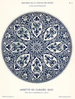 Earthenware Prints: Plate in blue camaieu, festoon style, Rouen