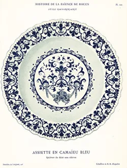 Earthenware Prints: Plate in blue camaieu, festoon style, Rouen