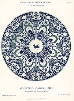 Earthenware Prints: Plate in blue camaieu, festoon style, Rouen