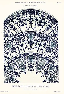 Plate border mofifs in blue camaieu, festoon style, Rouen