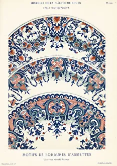 Crockery Prints: Plate border motifs in blue and red festoon style, Rouen