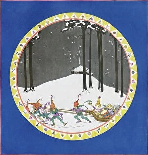 Wheeler Collection: A plate design showing elves pulling a sleigh filled with toys through a wood