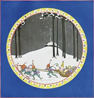 Sleigh Prints: A plate design showing elves pulling a sleigh filled with toys through a wood