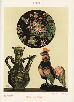 Cock Prints: Plate and pitchers from Delft, Netherlands, 18th century