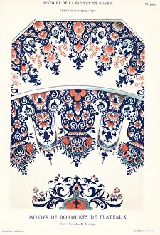 Octagonal Prints: Platter border motifs in blue and red festoon style, Rouen