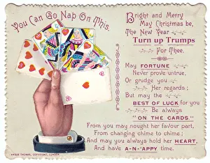 Playing cards with comic verse on a Christmas card