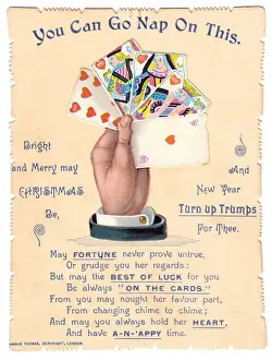 Playing cards with comic verse on a Christmas card
