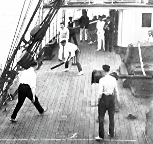 Playing cricket on a ship, Victorian period