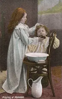 Night Dress Prints: Playing at Mammas -- girl washes boys face