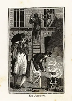 Builder Prints: Plumbers fixing lead pipes on a building site