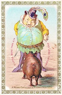Plump man and pig on a Christmas and New Year card