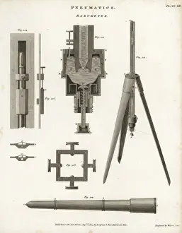 Barometer Prints: Pneumatics- barometer, section, elevation, 18th century