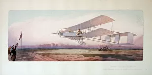 Pochoir Collection: Pochoir print, Aviation Grand Prix, Henri Farman completes 1000 metres in his aeroplane