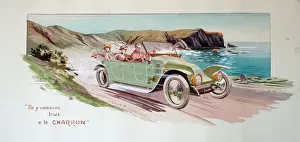 Chauffeur Prints: Pochoir print, early car with driver and two passengers - Ils y viennent tous a la
