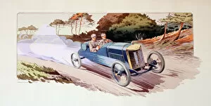 Images Dated 28th April 2021: Pochoir print, Motor Racing, French Grand Prix, blue car Date: 1913