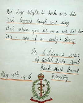 Handwriting Gallery: Poem and badge of the Royal Army Medical Corps, WW1