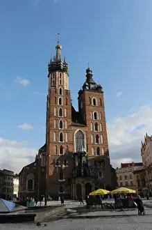 Cityscape Prints: Poland. Krakow. Saint Marys Basilica in Central Market squa