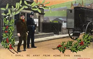Criminal Prints: Policeman dragging away a criminal at Christmas
