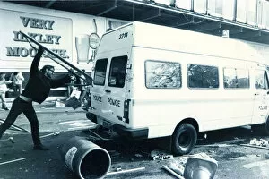 Riot Gallery: Poll Tax demonstrator and Met Police van, Central London