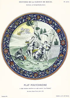 Crockery Prints: Polychrome plate depicting the four seasons, Rouen, 1738