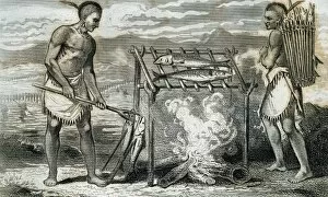 Ponca indians roasting fish. Engraving