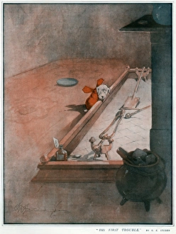 Apprehensive Gallery: Poorly puppy by the fire - His First Trouble by G E Studdy
