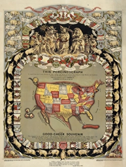 This porcineograph. Map of the United States in shape of a pig, surrounded by pigs representing the different states, with notations of state foods. Date c1876 This porcineograph