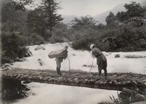 Porters Prints: Porters on a bridge over the Daiya River, Nikko, Japan