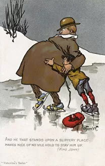 Skates Gallery: A portly gentleman on the ice is aided by a young lad