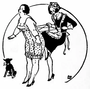 A portly lady is laced into her corset by her maid