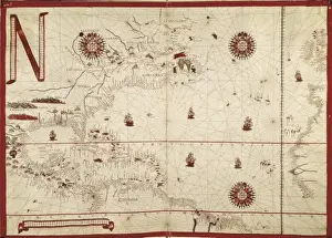 Geographical Prints: Portolan chart, 1591. Map of the North Atlantic