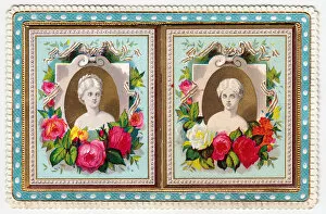 Two portrait busts with flowers on a greetings card
